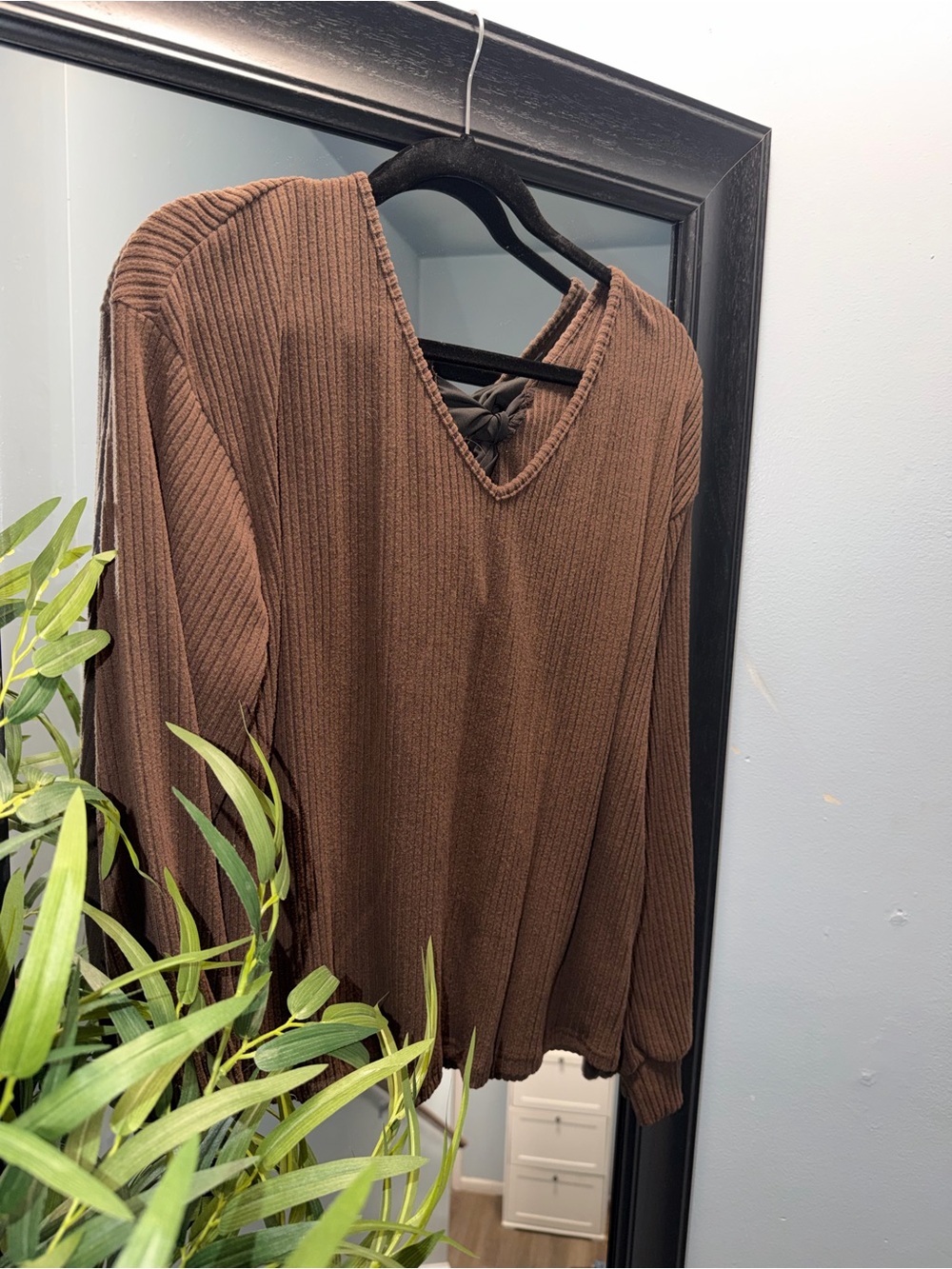 SHEIN Brown Ribbed V-Neck Long Sleeve Top with Back Tie
